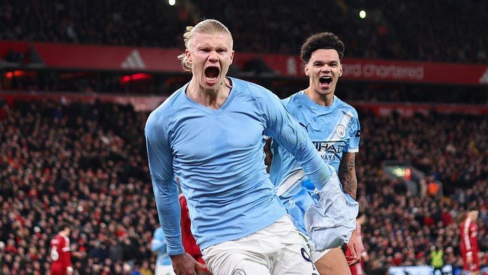 Haaland Akhirnya Bikin Gol Juga di Anfield, Man City Raup Kemenangan Dramatis